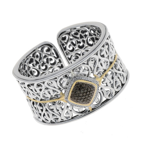 Sterling Silver + 14K Gold + 18K Gold Black + White Diamond Cuff Bracelet // 6.25" // Store Display