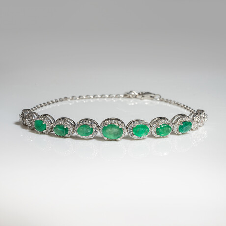 Genuine Emerald + Cubic Zircona 14k White Gold Plated Sterling Silver Bracelet