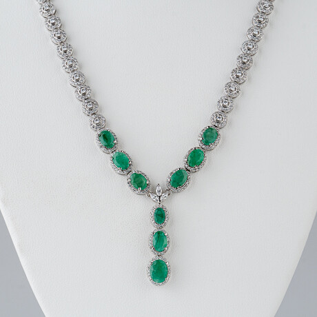 Genuine Emerald + Cubic Zircona 14k White Gold Plated Sterling Silver Necklace
