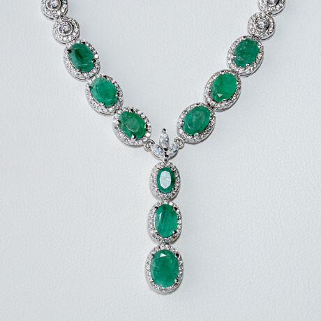 Genuine Emerald + Cubic Zircona 14K White Gold Plated Sterling Silver Necklace