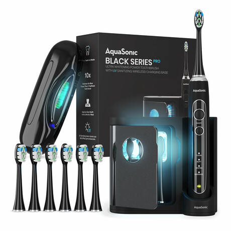 AquaSonic Black Series PRO // Ultra Whitening Toothbrush with UV Sanitizing Base + Charging Travel Case + 6 Proflex Brush Heads