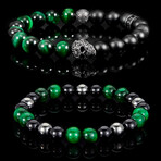 Skull + Green Tiger Eye + Onyx + Hematite Stretch Bracelets // Set of 2 // 8"