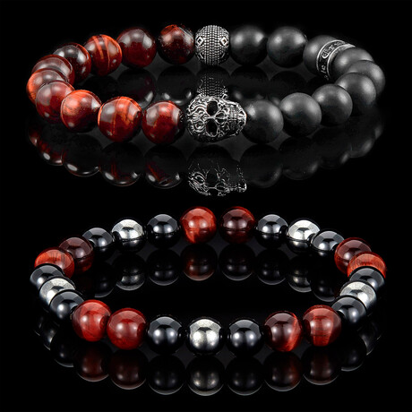 Skull + Red Tiger Eye + Onyx + Hematite Stretch Bracelets // Set of 2 // 8"