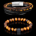Tiger Eye + Hematite Cube + Leather Cuff Bracelets // Set of 2 // 8"