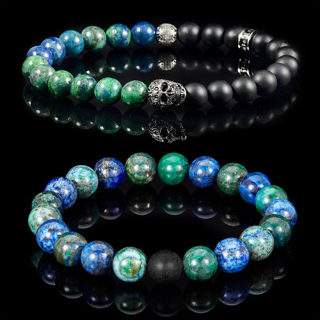 Steel Skull + Azurite Chrysocolla + Matte Onyx Stone Stretch Bracelets // Set of 2 // 8.25"