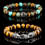 Skull Bead + Tiger Eye + Turquoise + African Turquoise + Bronzite Bracelets // Set of 2 // 8"