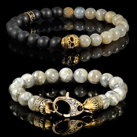 Gold Plated Skull + Labradorite + Matte Onyx Stone Stretch Bracelets // Set of 2 // 8"