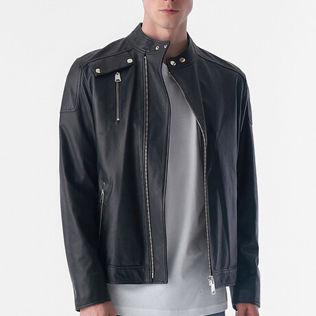Genuine Leather Snap Detail Jacket // Black (S)