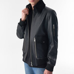 Detachable Shearling Collar Leather Jacket // Jumbo Black (S)