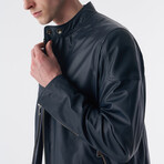 Genuine Leather Snap Detail Jacket // Navy (S)