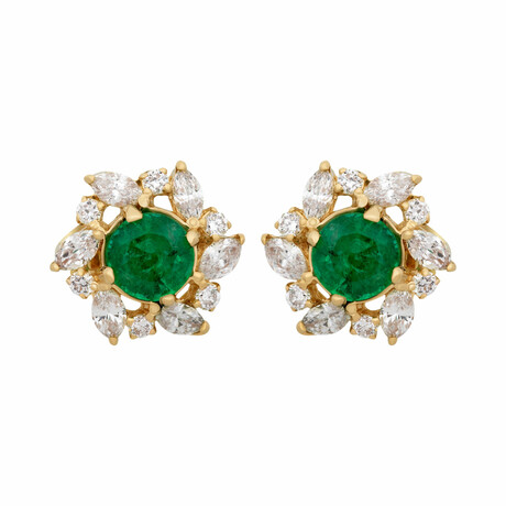 18K Yellow Gold Diamond + Emerald Earrings // New
