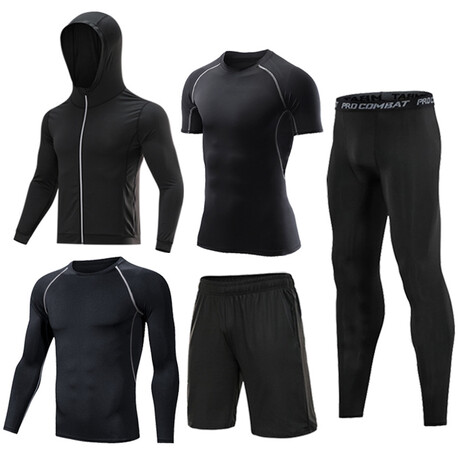 Contrast Piped 5 Pc Workout Set // Black + Gray (S)