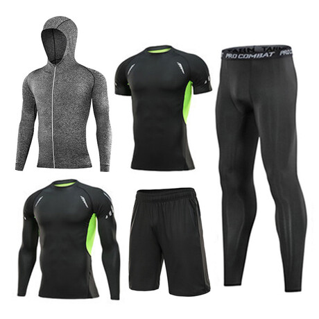 Contrast Piped + Heathered Hoodie 5 Pc Workout Set // Black + Green + Gray Melange (S)