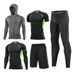 Contrast Piped + Heathered Hoodie 5 Pc Workout Set // Black + Green + Gray Melange (M)