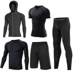 Contrast Piped + Heathered Hoodie 5 Piece Workout Set // Style 1 // Black + Matte Black + Dark Gray Mélange (S)