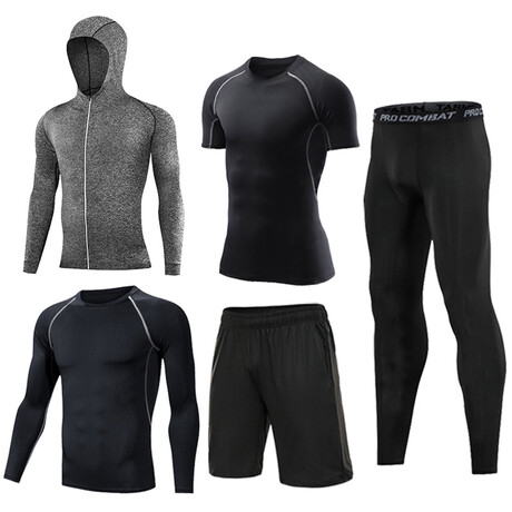Contrast Piped + Heathered Hoodie 5 Pc Workout Set // Style 1 //  Black + Gray + Gray Melange (S)