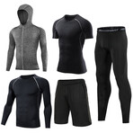 Contrast Piped + Heathered Hoodie 5 Pc Workout Set // Style 1 //  Black + Gray + Gray Melange (M)