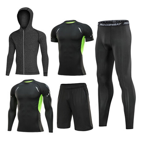 Contrast Panel + Heathered Hoodie 5 Pc Workout Set // Black + Green (S)