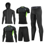 Contrast Panel + Heathered Hoodie 5 Pc Workout Set // Black + Green (XL)