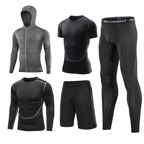Contrast Piped + Heathered Hoodie 5 Pc Workout Set // Stylle 2 // Black + Gray + Gray Melange (S)