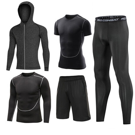 Contrast Piped + Heathered Hoodie 5 Pc Workout Set // Black + Gray + Dark Gray (S)