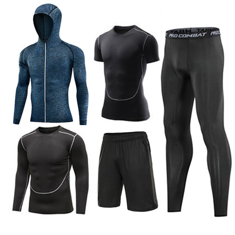 Contrast Piped + Heathered Hoodie 5 Pc Workout Set // Black + Gray + Blue Melange (S)