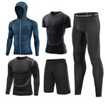 Contrast Piped + Heathered Hoodie 5 Pc Workout Set // Black + Gray + Blue Melange (L)