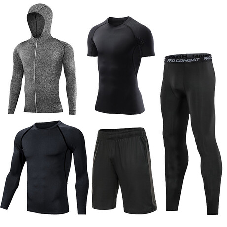 Contrast Piped + Heathered Hoodie 5 Pc Workout Set //Matte Black + Gray + Gray Melange (S)