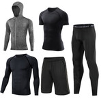 Contrast Piped + Heathered Hoodie 5 Pc Workout Set //Matte Black + Gray + Gray Melange (2XL)