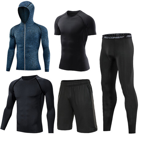 Contrast Piped + Heathered Hoodie 5 Piece Workout Set // Style 1 // Black + Matte Black + Blue Mélange (S)