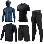 Contrast Piped + Heathered Hoodie 5 Pc Workout Set // Matte Black + Gray + Blue Melange (3XL)
