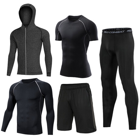 Contrast Piped + Heathered Hoodie 5 Pc Workout Set // Stylle 2 // Black + Gray + Dark Gray Melange (S)