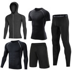 Contrast Piped + Heathered Hoodie 5 Pc Workout Set // Stylle 2 // Black + Gray + Dark Gray Melange (L)