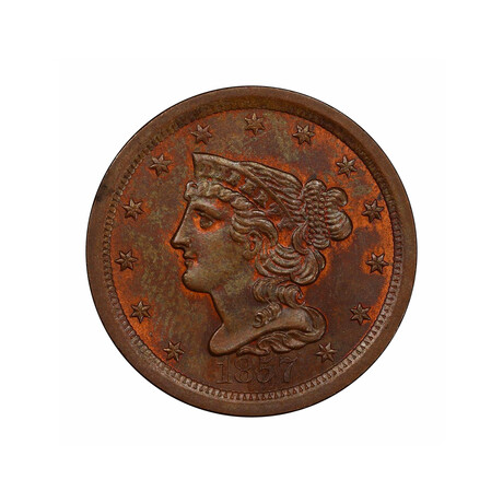 1857 Braided Hair Half Cent // PCGS & CAC Certified MS65BN // Wood Presentation Box
