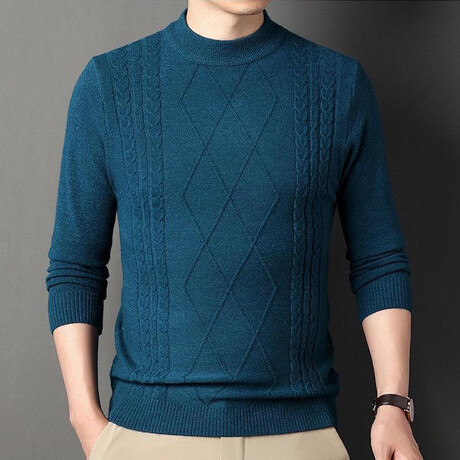Cable Knit Mock Neck Sweater // Ocean Blue (M)