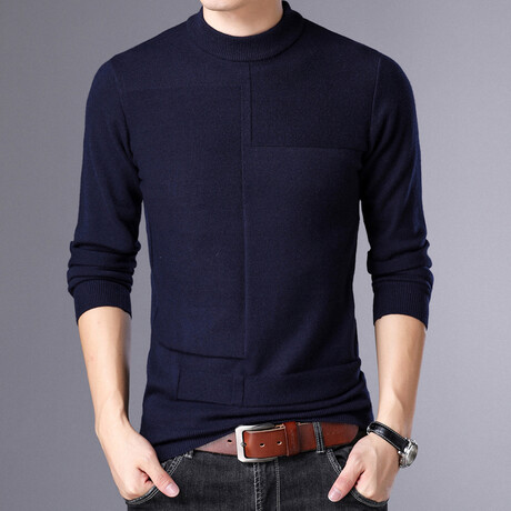 Block Textured Crewneck Sweater // Navy Blue (M)