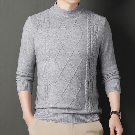 Cable Knit Mock Neck Sweater // Light Gray (M)
