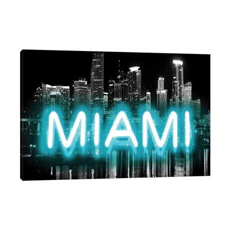Neon Miami Aqua On Black by Hailey Carr (18"H x 26"W x 0.75"D)