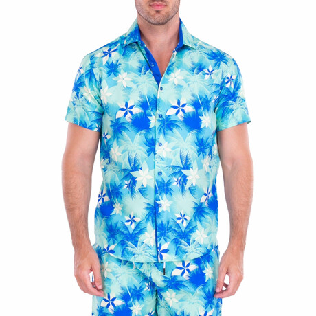 On My Way To An Island' Hawaiian Print Shirt Sleeve Shirt // Turquoise (XS)