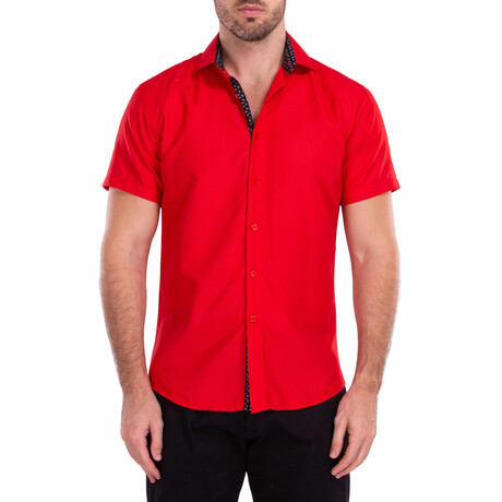 Phone, Keys, Wallet' Short Sleeve Button Up Shirt // Red (XS)