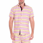 Fiesta' Short Sleeve Button Up Shirt // Pink, Yellow (L)