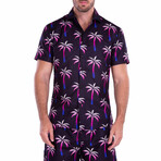 Tequila Sunrise' Palm Tree Print Short Sleeve Button Up Shirt // Black (M)