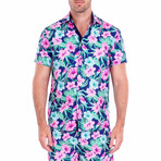 Mahalo' Floral Short Sleeve Button Up Shirt // Green, Pink (M)