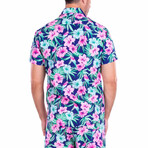 Mahalo' Floral Short Sleeve Button Up Shirt // Green, Pink (S)