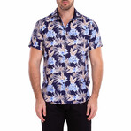 Getting Lei'd' Hawaiian Print Shirt Sleeve Button Up Shirt // Navy (M)