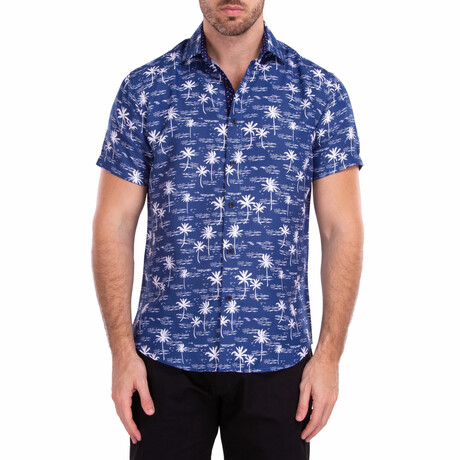 Oasis' Palm Tree Print Short Sleeve Button Up Shirt // Navy (XS)