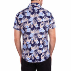 Getting Lei'd' Hawaiian Print Shirt Sleeve Button Up Shirt // Navy (L)