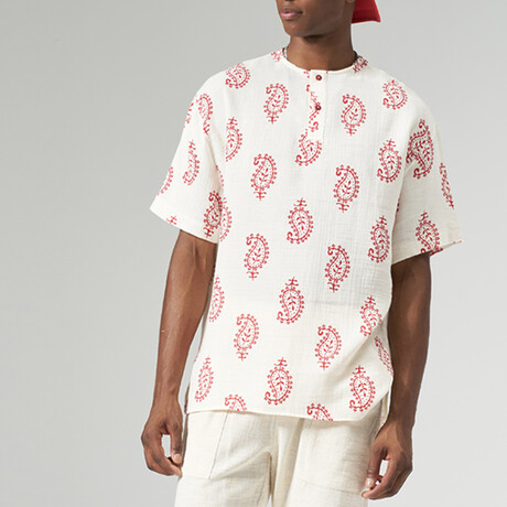 Paisley S/S Henley Tee // White + Red (S)