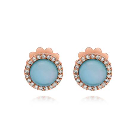 Roberto Coin 18K Rose Gold Cabochon Blue Agate + Diamonds Stud Earrings // Store Display