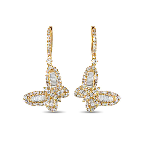 18K Yellow Gold Diamond Butterfly Dangle Earrings // New